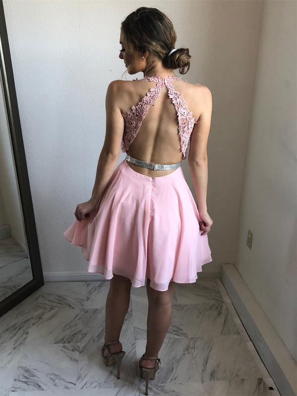 Charming Open Back V Neck Pink Lace Homecoming Dresses Short Graduation Prom Dress