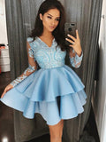 Long Sleeves Sky Blue Lace V Neck Short Homecoming Dresses Graduation Hoco Dress