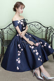 Tea Length Navy Blue Appliques Flowers Off the Shoulder Homecoming Dresses Prom Dress