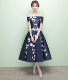 Tea Length Navy Blue Appliques Flowers Off the Shoulder Homecoming Dresses Prom Dress