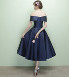 Tea Length Navy Blue Appliques Flowers Off the Shoulder Homecoming Dresses Prom Dress