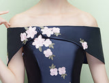 Tea Length Navy Blue Appliques Flowers Off the Shoulder Homecoming Dresses Prom Dress