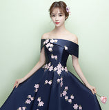 Tea Length Navy Blue Appliques Flowers Off the Shoulder Homecoming Dresses Prom Dress