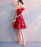 Red Lace Homecoming Dresses,Charming Off the Shoulder Homecoming Dress, Short Prom Dress