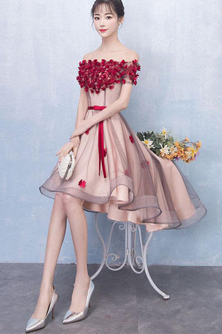 Burgundy Flowers Off the Shoulder Front Short Long Back Homecoming Dresses,Prom Hoco Dress