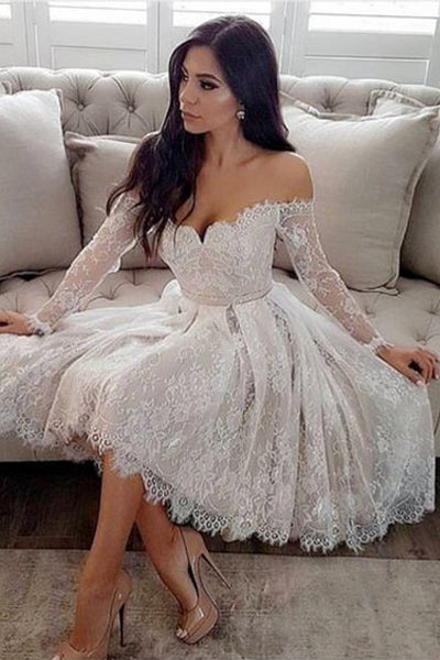 Off the Shoulder Long Sleeves Ivory Lace Homecoming Dresses, Knee Length Prom Hoco Dress