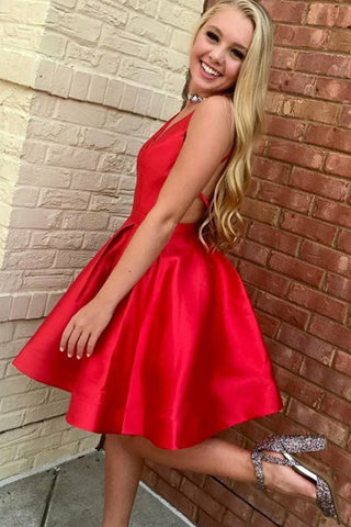 Elegant Red Satin Backless V Neck Homecoming Dresses,Short Prom Graduation Hoco Dress