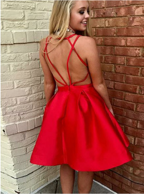 Elegant Red Satin Backless V Neck Homecoming Dresses,Short Prom Graduation Hoco Dress
