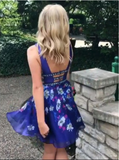 Sexy Deep V Neck Royal Blue Backless Printed Chiffon Homecoming Dresses Short Prom Dress