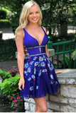 Sexy Deep V Neck Royal Blue Backless Printed Chiffon Homecoming Dresses Short Prom Dress