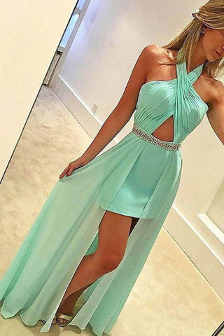 New Arrival Hi-lo Sexy Mint Chiffon Halter Evening Gowns Prom Dresses