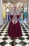 Burgundy Homecoming Dresses,Backless Homecoming Dresses,Deep V Neck Graduation Hoco Dress