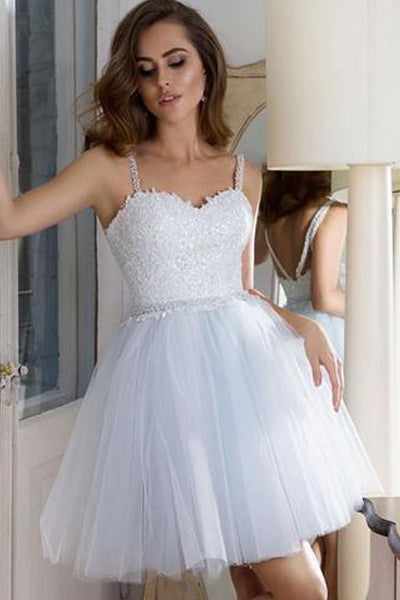 Chic Spaghetti Straps White Lace Tulle Beaded Short Homecoming Dresses Prom Hoco Dress