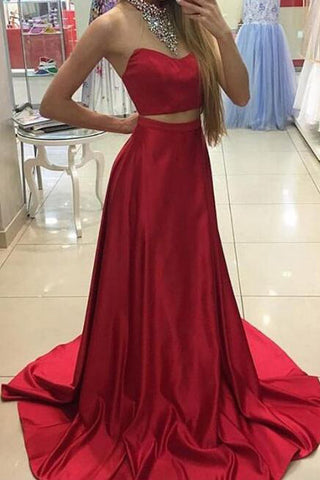 Red Satin High Neck Two Piece Beads LongEvening Gowns  Prom Dress