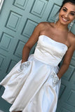 Ivory Satin Homecoming Dresses,Strapless Short Homecoming Dresses With Pocket Prom Dress
