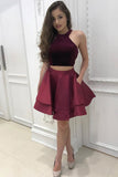 2 Pieces Burgundy High Neck Short Homecoming Dresses With Pocket