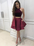 2 Pieces Burgundy High Neck Short Homecoming Dresses With Pocket