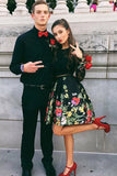 2 Pieces Black Long Sleeves Lace Satin Homecoming Dresses Prom Dress With Pocket