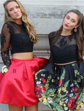 2 Pieces Black Long Sleeves Lace Satin Homecoming Dresses Prom Dress With Pocket