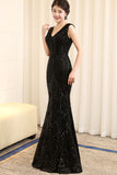Long Shiny Black Sequin V Neck Mermaid Evening Gowns Prom Dresses