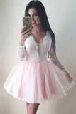 Fashion Long Sleeves White Lace Pink V Neck Mini Homecoming Dresses Graduation Dress