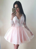 Fashion Long Sleeves White Lace Pink V Neck Mini Homecoming Dresses Graduation Dress