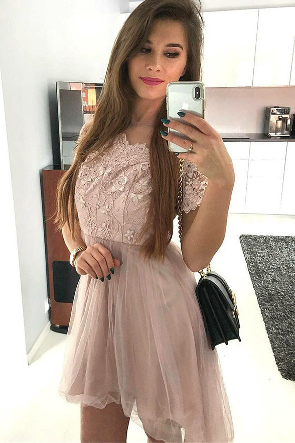 Fashion Short Sleeves Lace Tulle A Line Short Homecoming Dresses Prom Hoco Dress