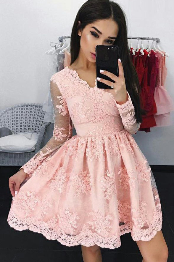 Charming A Line Long Sleeves Pink Lace Homecoming Dress V Neck Mini Prom Hoco Dresses