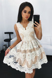 White Lace Sleeveless V Neck High Quality Homecoming Dresses Short Prom Hoco Dress