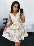 White Lace Sleeveless V Neck High Quality Homecoming Dresses Short Prom Hoco Dress