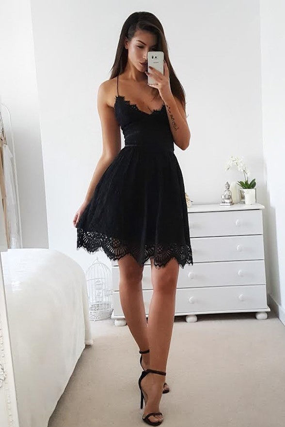 Sexy Open Back Spaghetti Straps Black Lace Short Homecoming Dresses Prom Hoco Dress