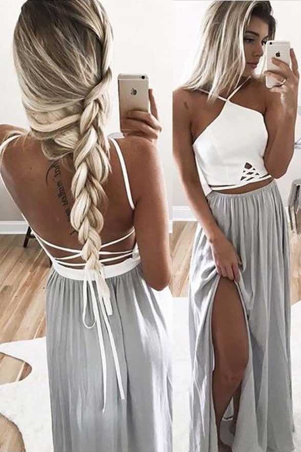 Sapghetti Straps Sexy Backless White/Silver Long Evening Gowns Prom Dress