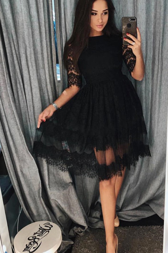 A Line Half Sleeves Black Lace Short Homecoming Dresses