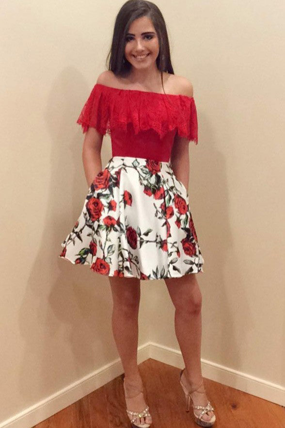 New Arrival Red Lace Printed Off the Shoulder Short Homecoming Dresses Graduation Dress