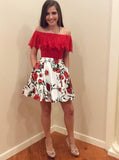 New Arrival Red Lace Printed Off the Shoulder Short Homecoming Dresses Graduation Dress