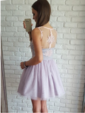 Fashion V Neck Sleeveless Lace Light Lavender Short Homecoming Dresses Prom Graduation Dress