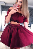 2 Pieces Off the Shoulder Burgundy Short Sleeves Mini Homecoming Dresses