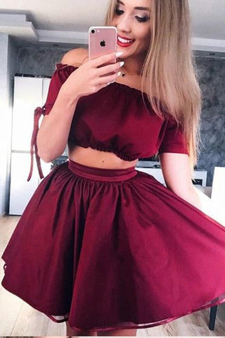 2 Pieces Off the Shoulder Burgundy Short Sleeves Mini Homecoming Dresses