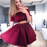 2 Pieces Off the Shoulder Burgundy Short Sleeves Mini Homecoming Dresses