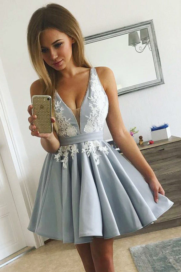 Top Selling V Neck White Lace Appliques Grey Short Homecoming Dresses Graduation Prom Dress
