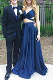 V Neck Backless 2 Piece Dark Blue Sexy Evening Gowns Prom Dress