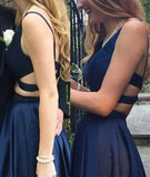 V Neck Backless 2 Piece Dark Blue Sexy Evening Gowns Prom Dress