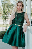 Two Pieces Dark Green Lace Beaded Short Homecoming Dresses Prom Graduation Dress for Party