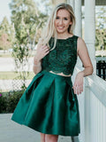 Two Pieces Dark Green Lace Beaded Short Homecoming Dresses Prom Graduation Dress for Party