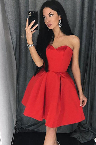 Elegant Red Satin Strapless Cheap Short Homecoming Dresses Prom Graduation Dress Party Gowns