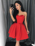 Elegant Red Satin Strapless Cheap Short Homecoming Dresses Prom Graduation Dress Party Gowns