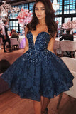 Navy Blue Lace Sweetheart Beaded Short Homecoming Dresses Prom Gowns Graduation Dress