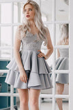 Fashion Lace Appliques Spaghetti Straps Silver Grey Short Homecoming Dresses Prom Hoco Dress