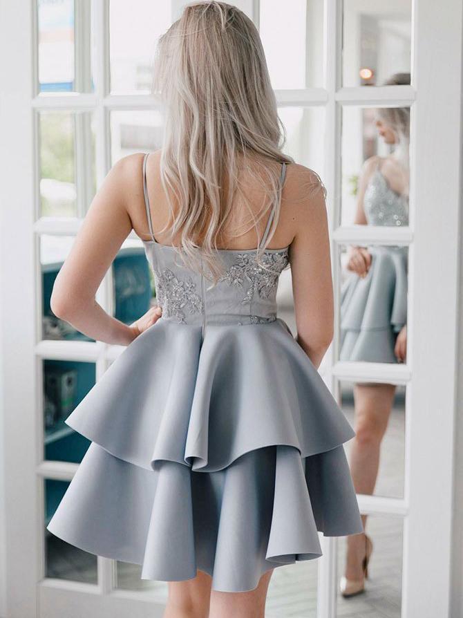 Fashion Lace Appliques Spaghetti Straps Silver Grey Short Homecoming Dresses Prom Hoco Dress