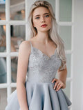 Fashion Lace Appliques Spaghetti Straps Silver Grey Short Homecoming Dresses Prom Hoco Dress